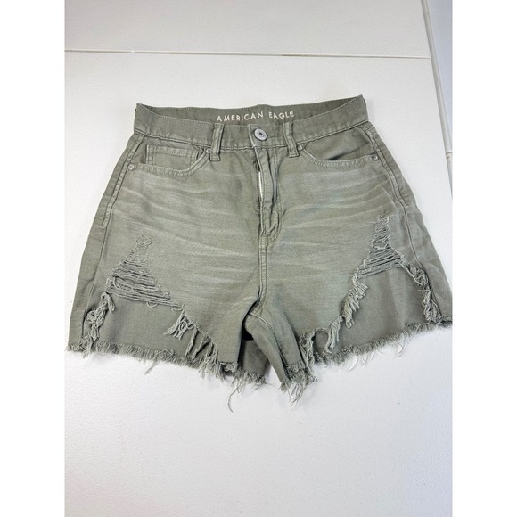 American Eagle Olive Green Distressed Denim Shorts High Waisted Size 2 - Picture 1 of 10